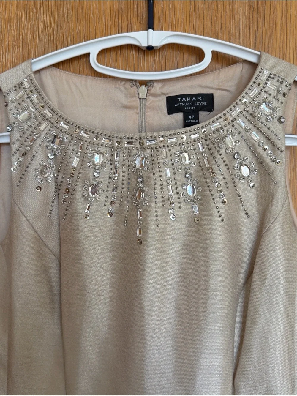 Tahari Champagne Beaded Neckline Midi Dress - Picture 2 of 5